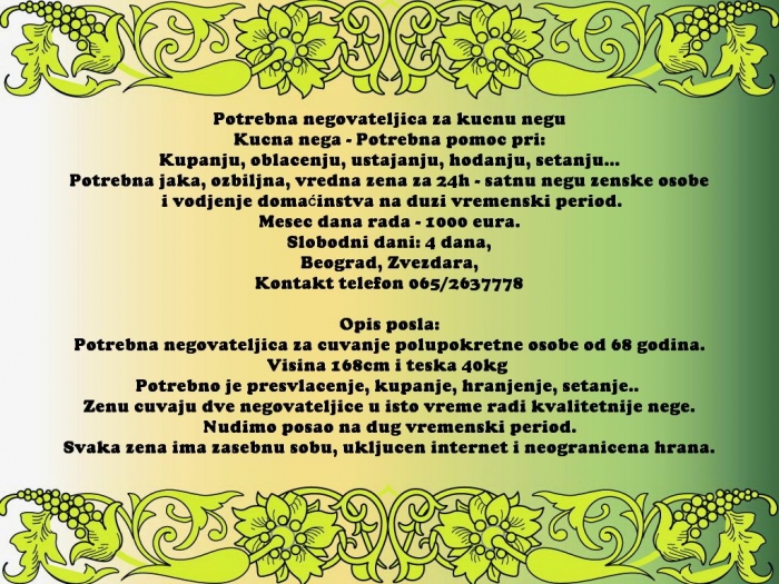 posao potrebna negovateljica za kućnu negu besplatni mali oglasi