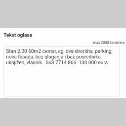 centar, 2 0, 60m2 besplatni mali oglasi