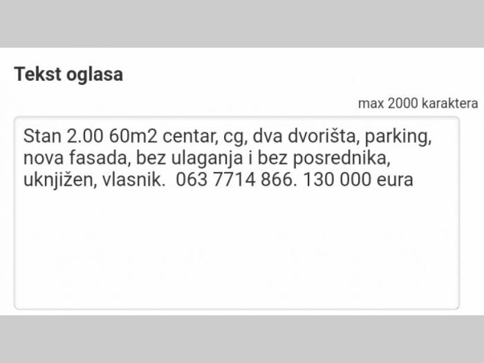 centar, 2 0, 60m2 besplatni mali oglasi