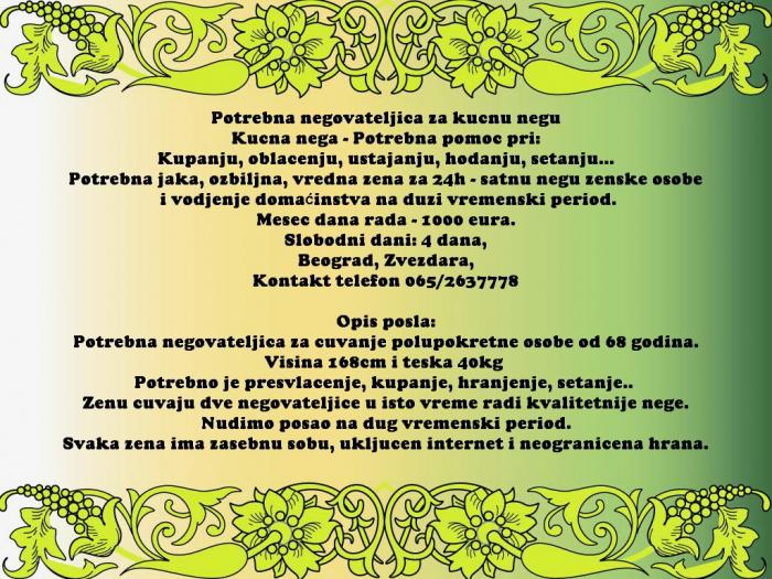 posao potrebna negovateljica za kućnu negu besplatni mali oglasi