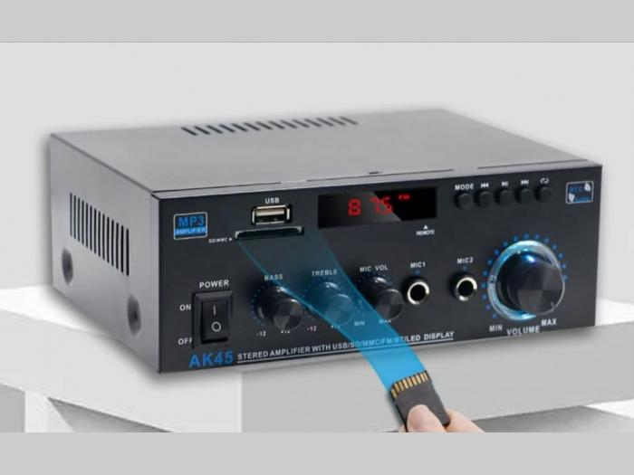 ak 45 radio pojačalo 80 w 40w x 2 prave snage sa bluetoothom 5 0 ,2 ekvilajzera za bass i visoke tonove ,2 prikljucka za mikrofone ,veliki potenciometar za pojacavanje tona ,usb priključkom besplatni mali oglasi