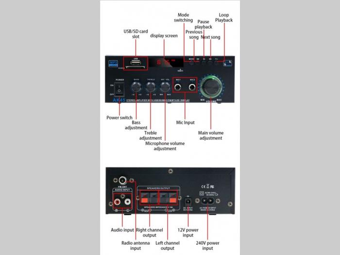 ak 45 radio pojačalo 80 w 40w x 2 prave snage sa bluetoothom 5 0 ,2 ekvilajzera za bass i visoke tonove ,2 prikljucka za mikrofone ,veliki potenciometar za pojacavanje tona ,usb priključkom besplatni mali oglasi